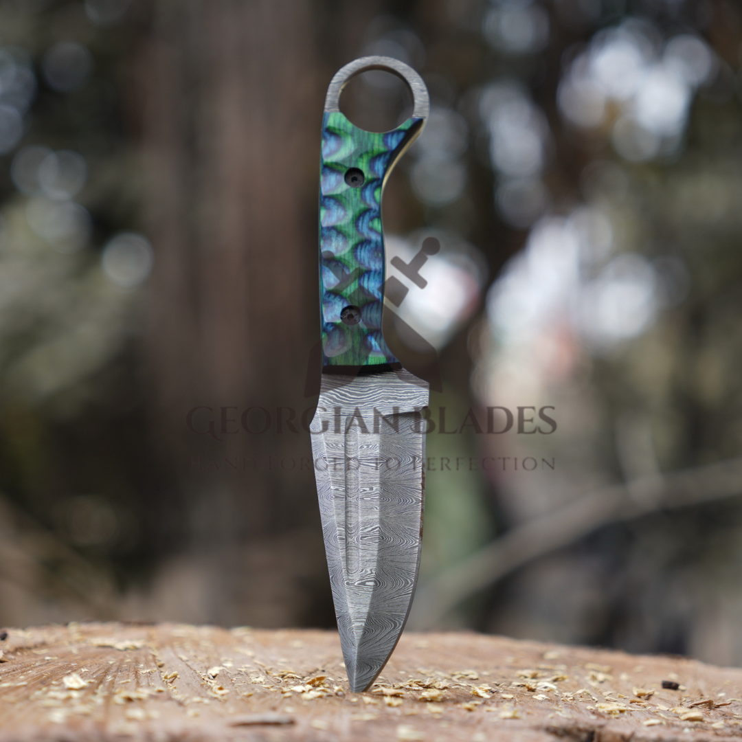 Mystic Blade - Hand-Forged 9" Damascus Steel Hunting Knife with Colored Resin Handle and Leather Sheath– Perfect for Outdoor Enthusiasts