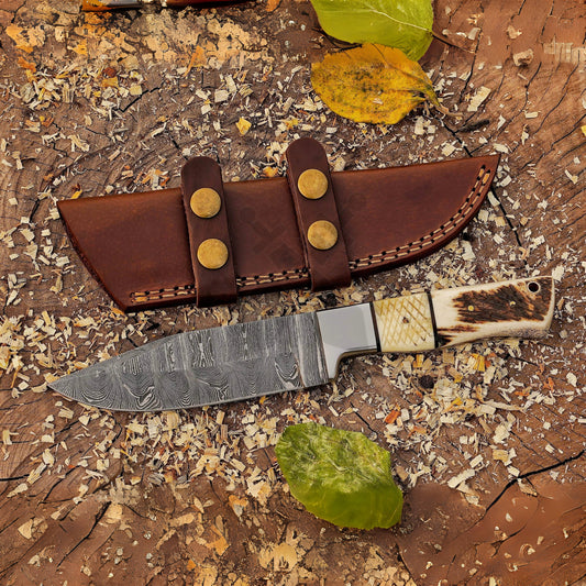 Pecos Pete Slicer: Forged Damascus Steel Skinner Knife EDC 9” -V3 With Stag Antler & Engraved Camel Bone Handle