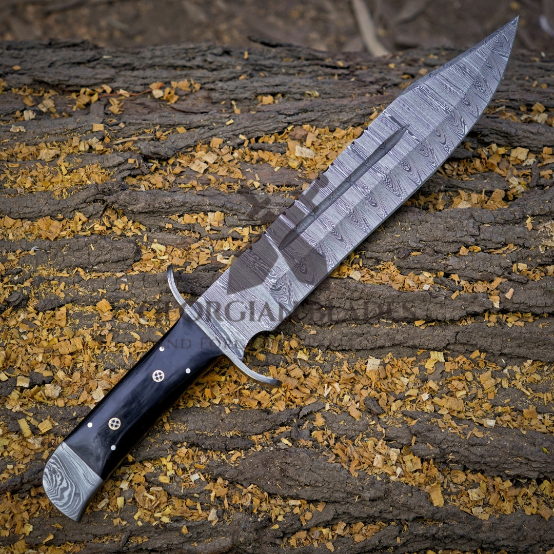 Frontier Finder: 15" Handmade Damascus Steel Bowie Knife- Buffalo Horn Handle