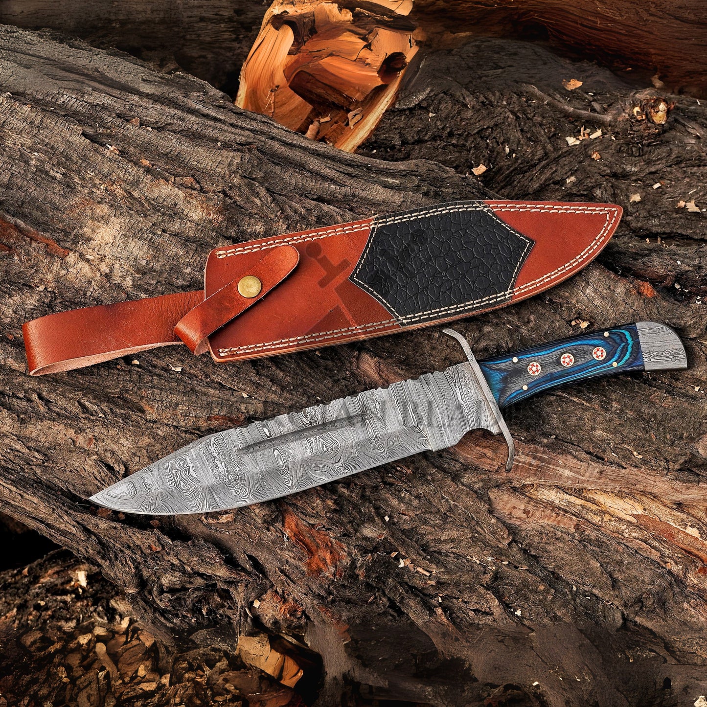 River Runner: 15" Handmade Damascus Steel Bowie Knife- Full Tang - Colored Wood Handle