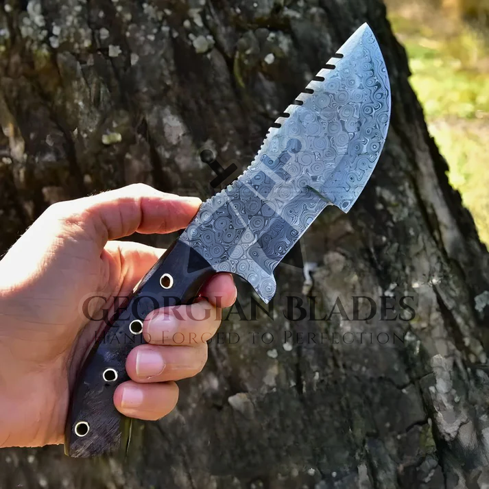 Wilderness Wayfinder: 10” Custom Hand Forged Damascus Steel Tracker Knife With Ram Horn Handle