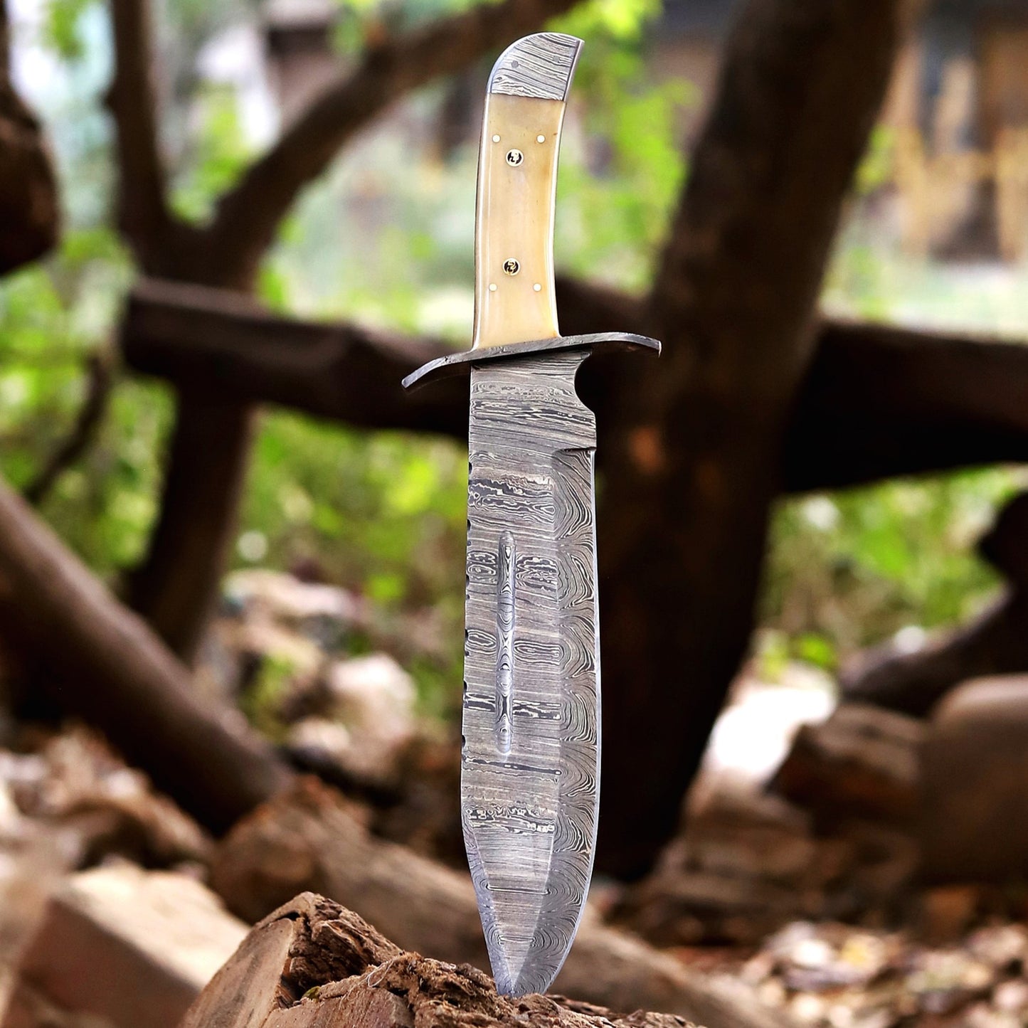 Paul Bunyan Razor - 15" Handmade Damascus Steel Bowie Knife- Full Tang - Camel Bone Handle