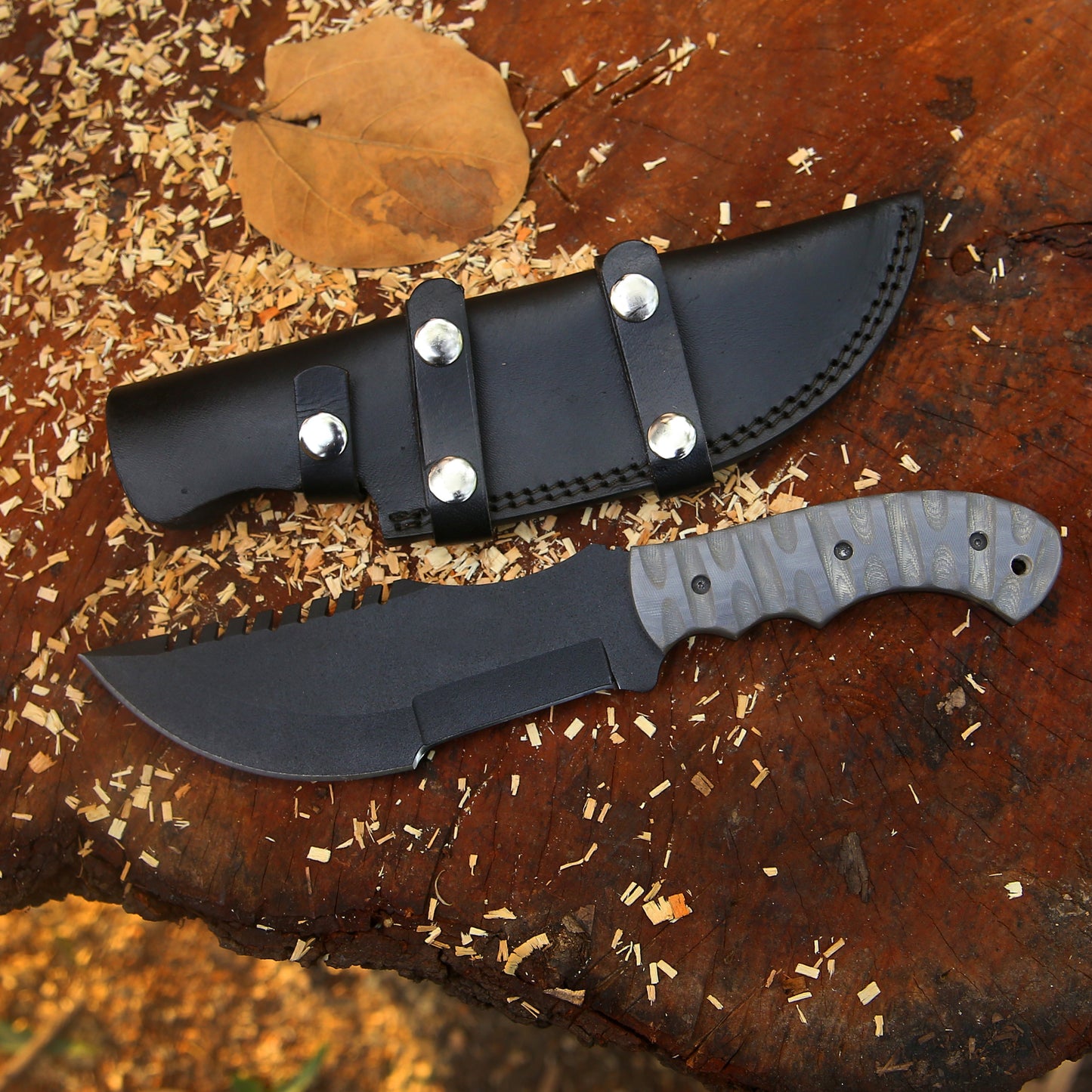 Shadowback Tracker – 12 inch Full Tang Tactical Survival Knife with Micarta Handle and Leather Sheath
