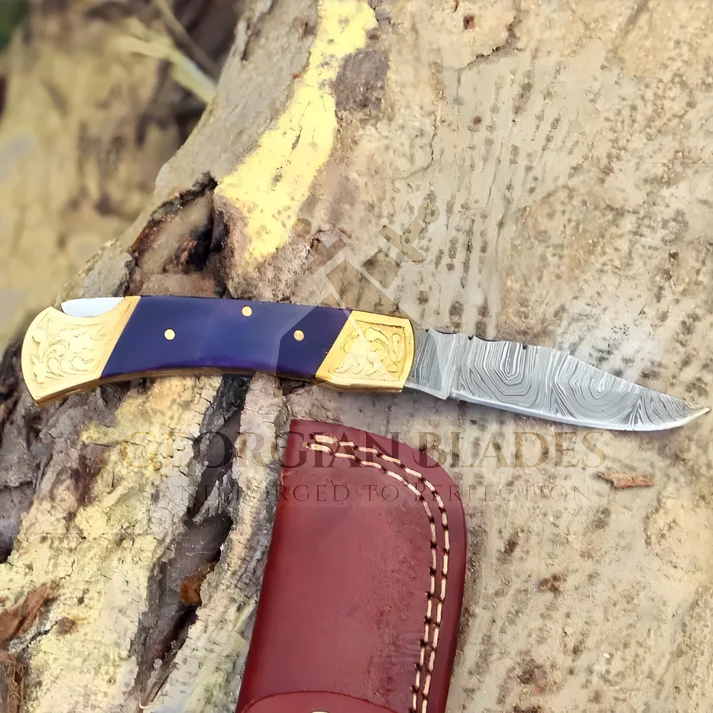 Sapphire Edge Fold: 7" Hand Made Forged Damascus Steel Folding Knife Engraved Brass Bolster Handle