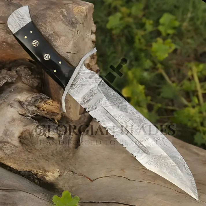 Frontier Finder: 15" Handmade Damascus Steel Bowie Knife- Buffalo Horn Handle