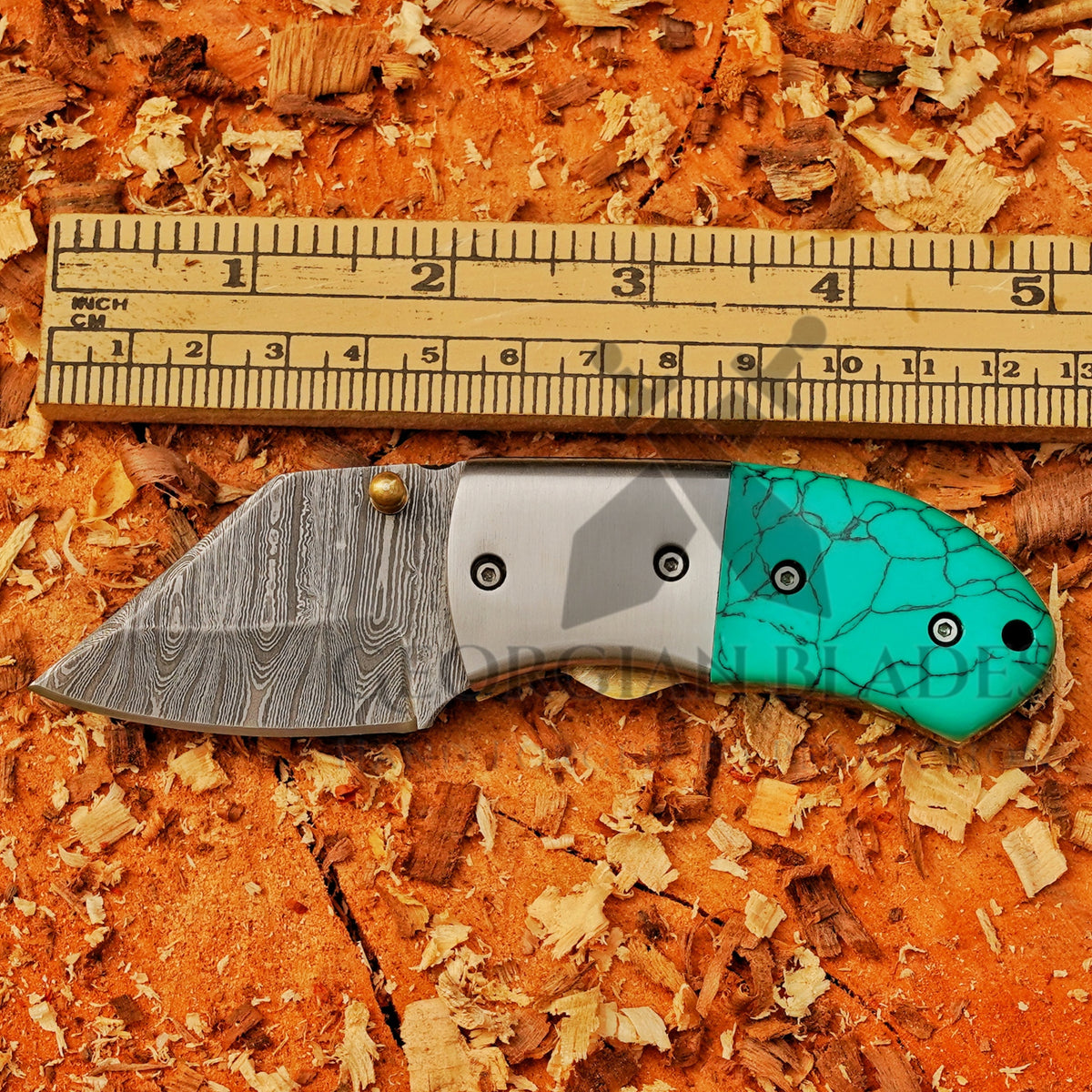 Santa Fe Folder — 5" Damascus Pocket Knife with Turquoise-Style Stone Composite Handle