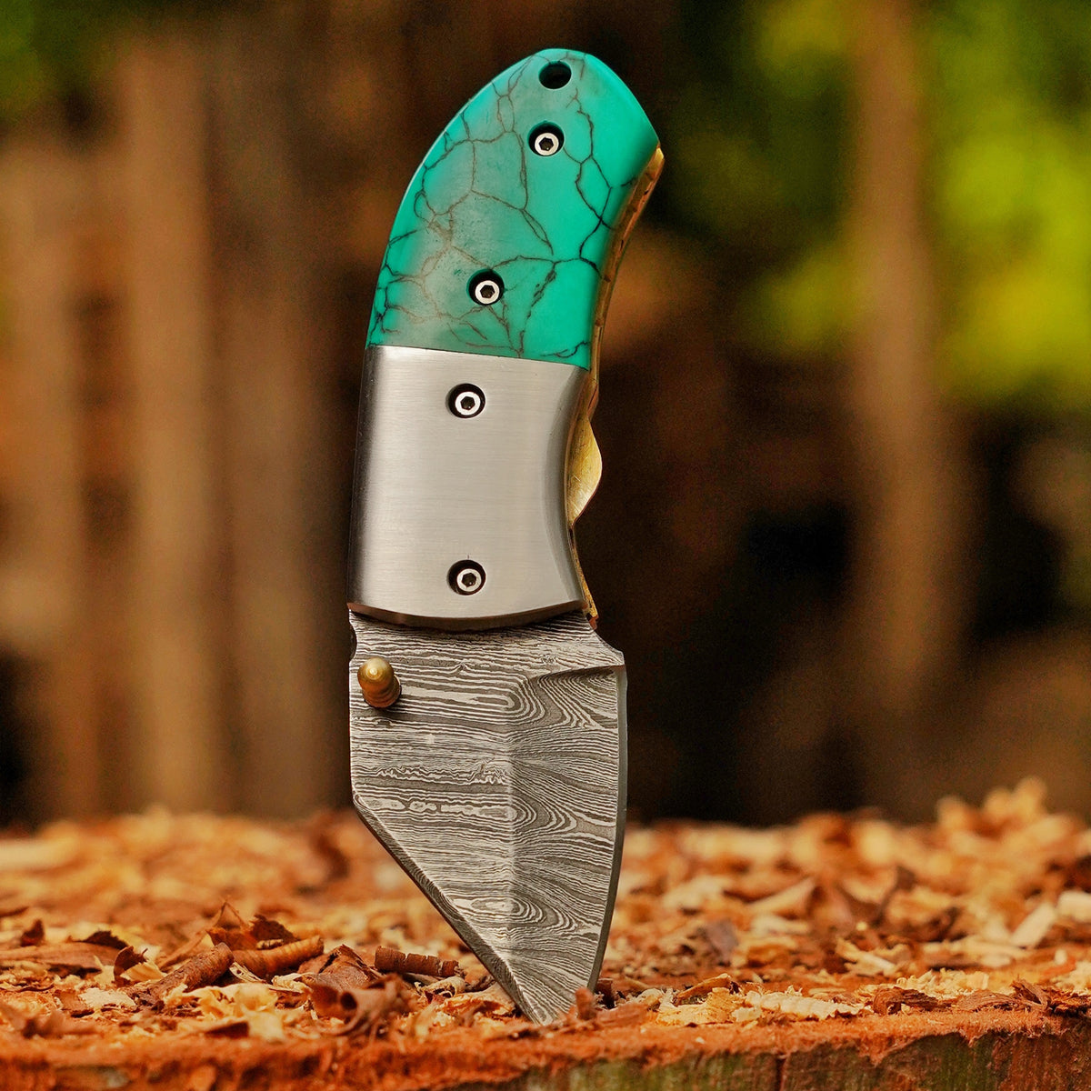 Santa Fe Folder — 5" Damascus Pocket Knife with Turquoise-Style Stone Composite Handle
