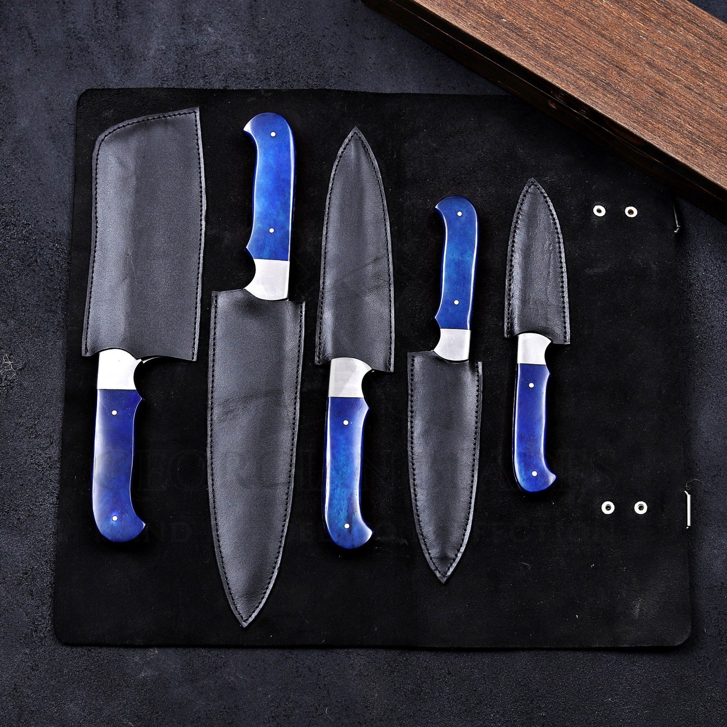The Waters Chef Knife Set – Premium 5-Piece D2 Steel Kitchen Knife Set with Bone Handles & Folding Leather Sheath