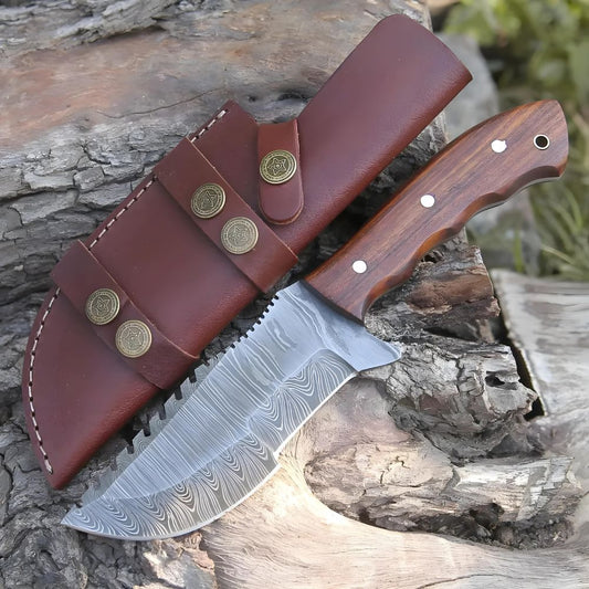 Mystic Mirage Tracker Knife - Hand Forged Damascus Steel Hunting Tracker Wood Handle