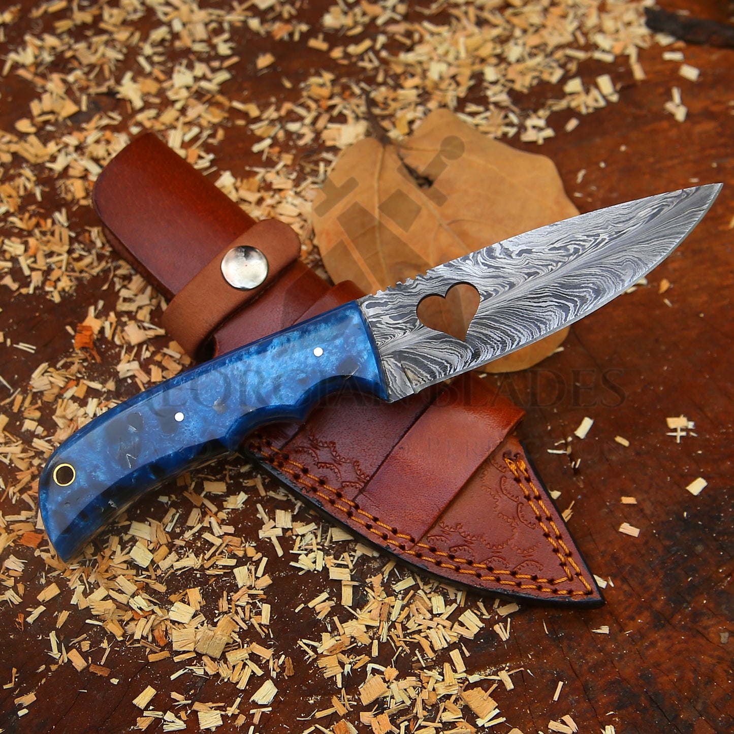 Blue Heart Blade – 9'' Hand Forged Damascus Steel Knife with Blue Resin Handle & Leather Sheath
