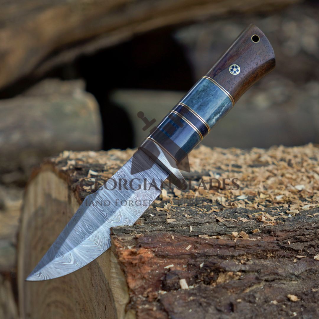 Nature's Bladebearer - 10" Hand Forged Damascus Hunting Knife with Leather Sheath