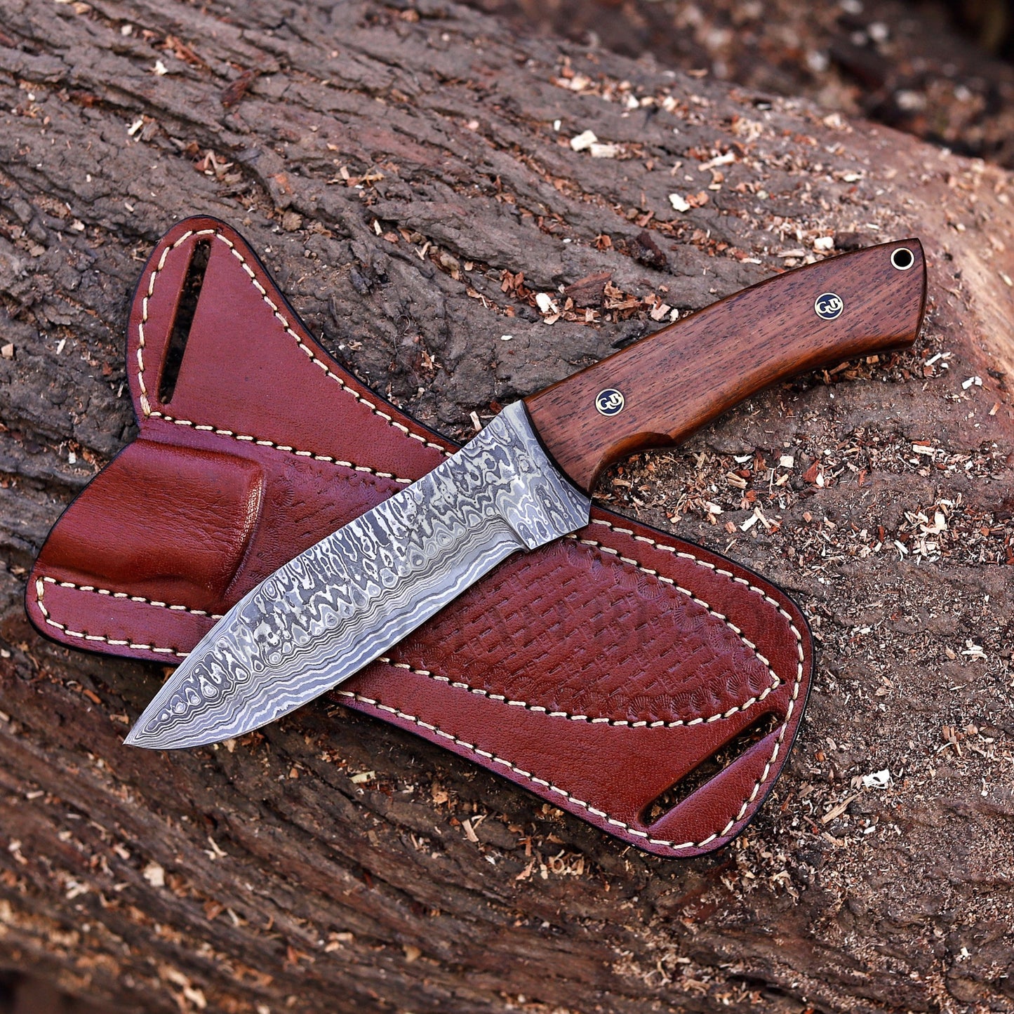 Razorwind - 11" Full Tang Hand Forged Damascus Hunting Knives with Walnut Wood Handle