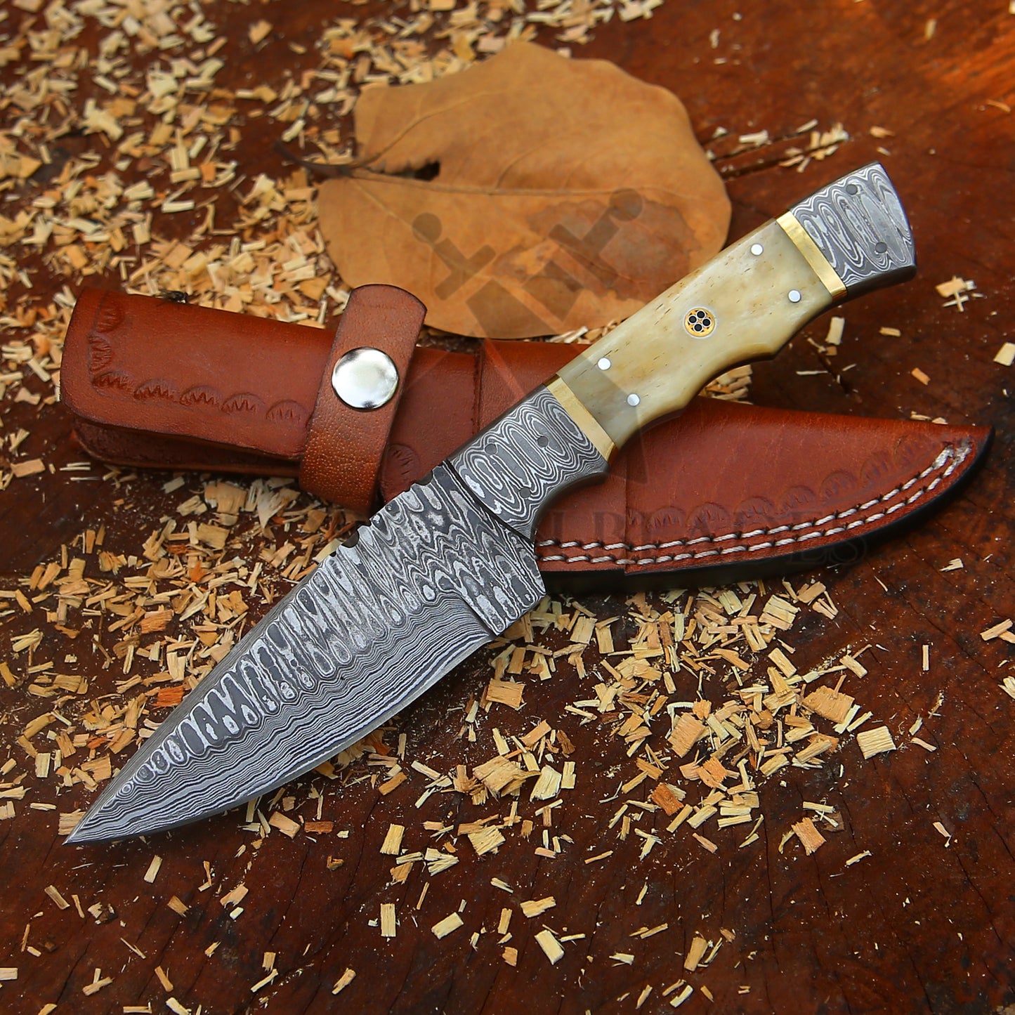 Br'er Rabbit Blade -  8.5” Hand Forged Damascus Steel Full Tang Skinner Knife - Camel Bone Handle