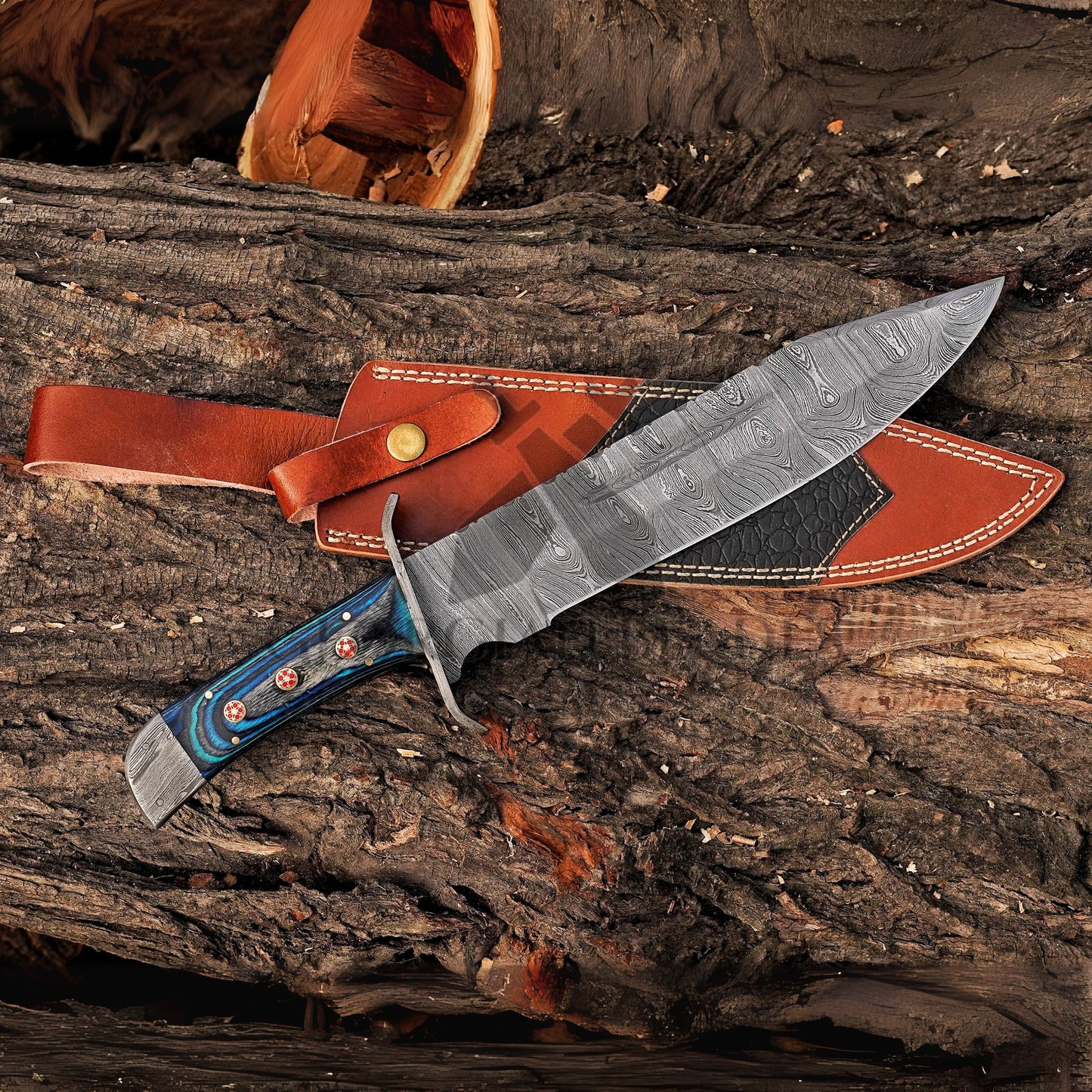 River Runner: 15" Handmade Damascus Steel Bowie Knife- Full Tang - Colored Wood Handle