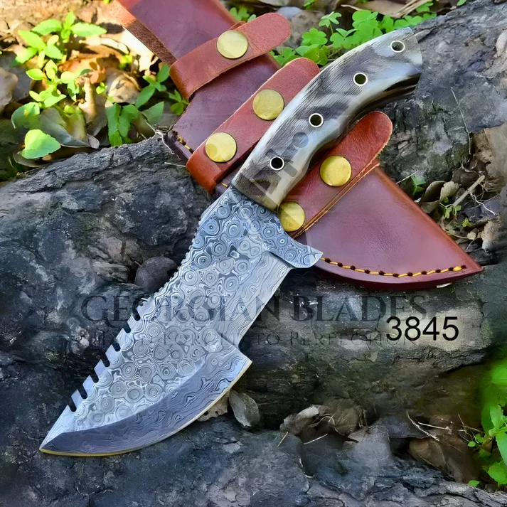 Wilderness Wayfinder: 10” Custom Hand Forged Damascus Steel Tracker Knife With Ram Horn Handle