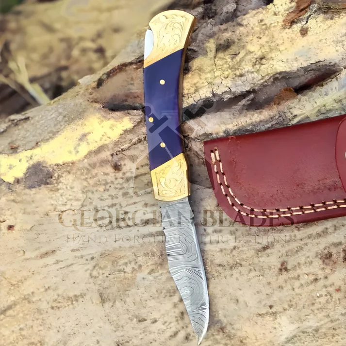 Sapphire Edge Fold: 7" Hand Made Forged Damascus Steel Folding Knife Engraved Brass Bolster Handle