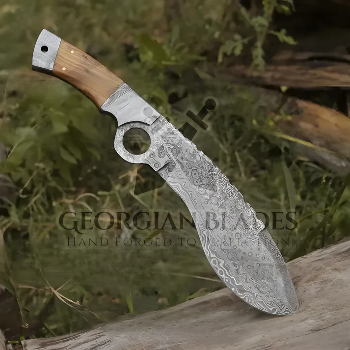 Blade of the Hills: Custom Hand Forged Damascus Steel Hunting Kukri Knife Damascus Bolster Olive Wood Handle
