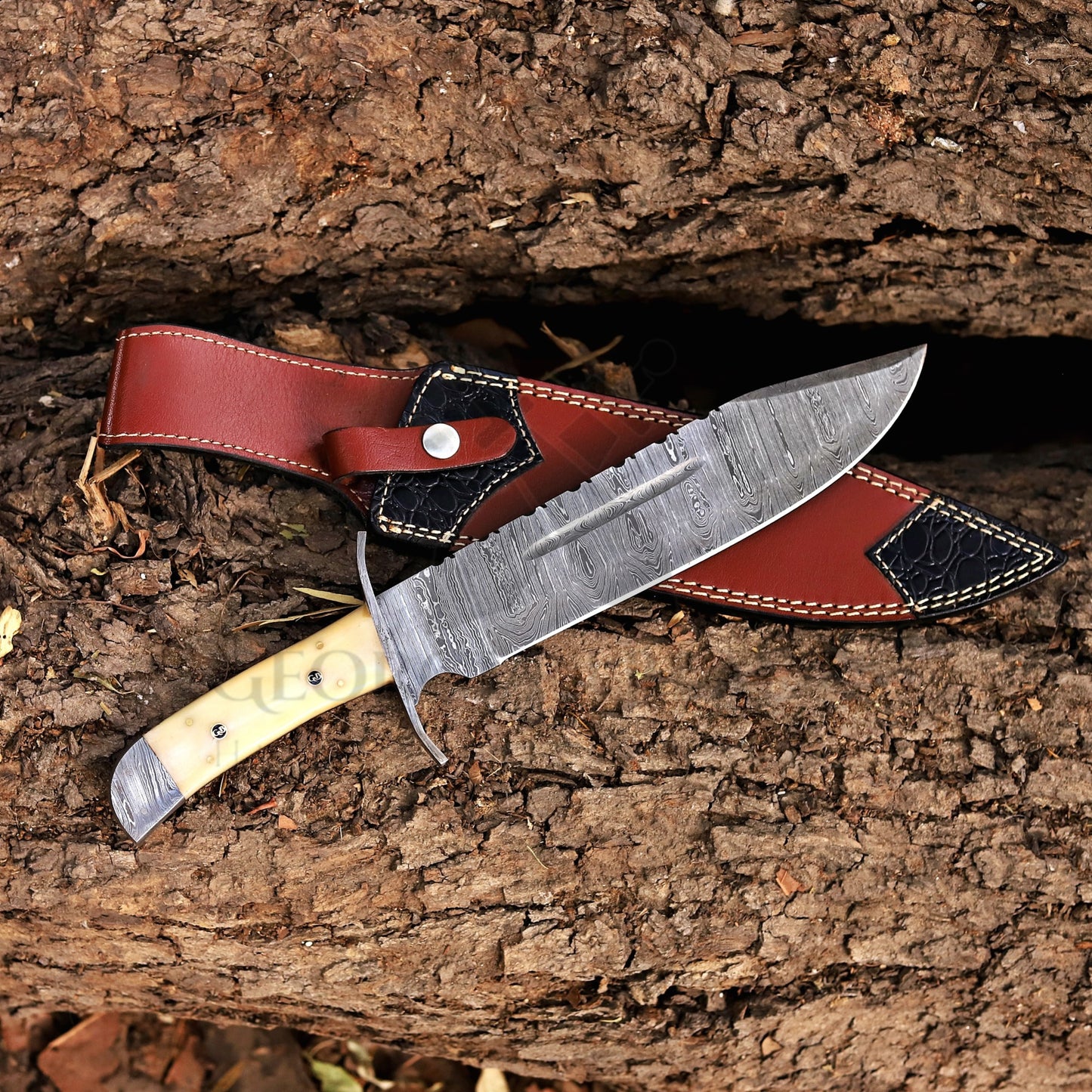 Paul Bunyan Razor - 15" Handmade Damascus Steel Bowie Knife- Full Tang - Camel Bone Handle