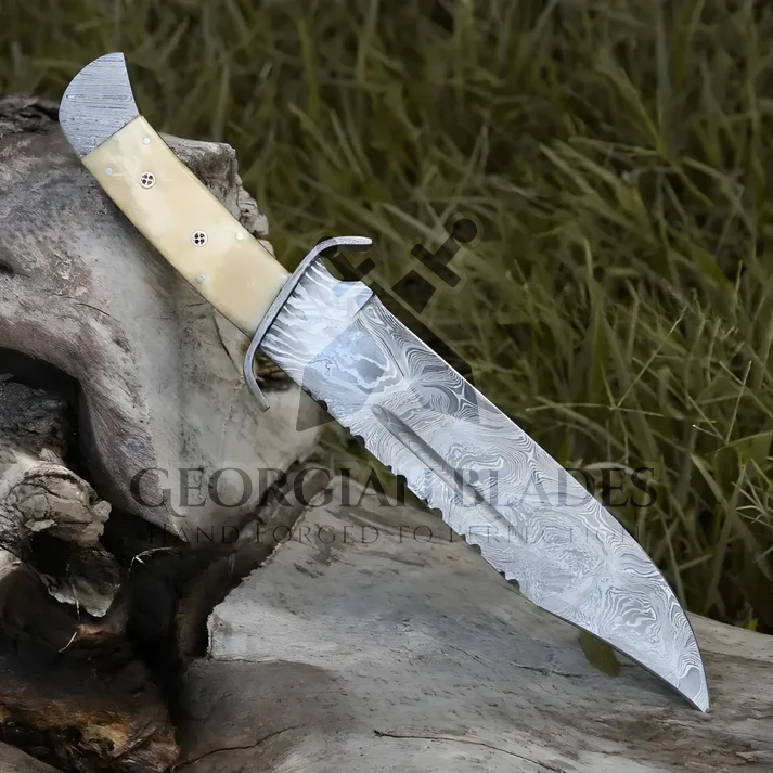 Paul Bunyan Razor - 15" Handmade Damascus Steel Bowie Knife- Full Tang - Camel Bone Handle