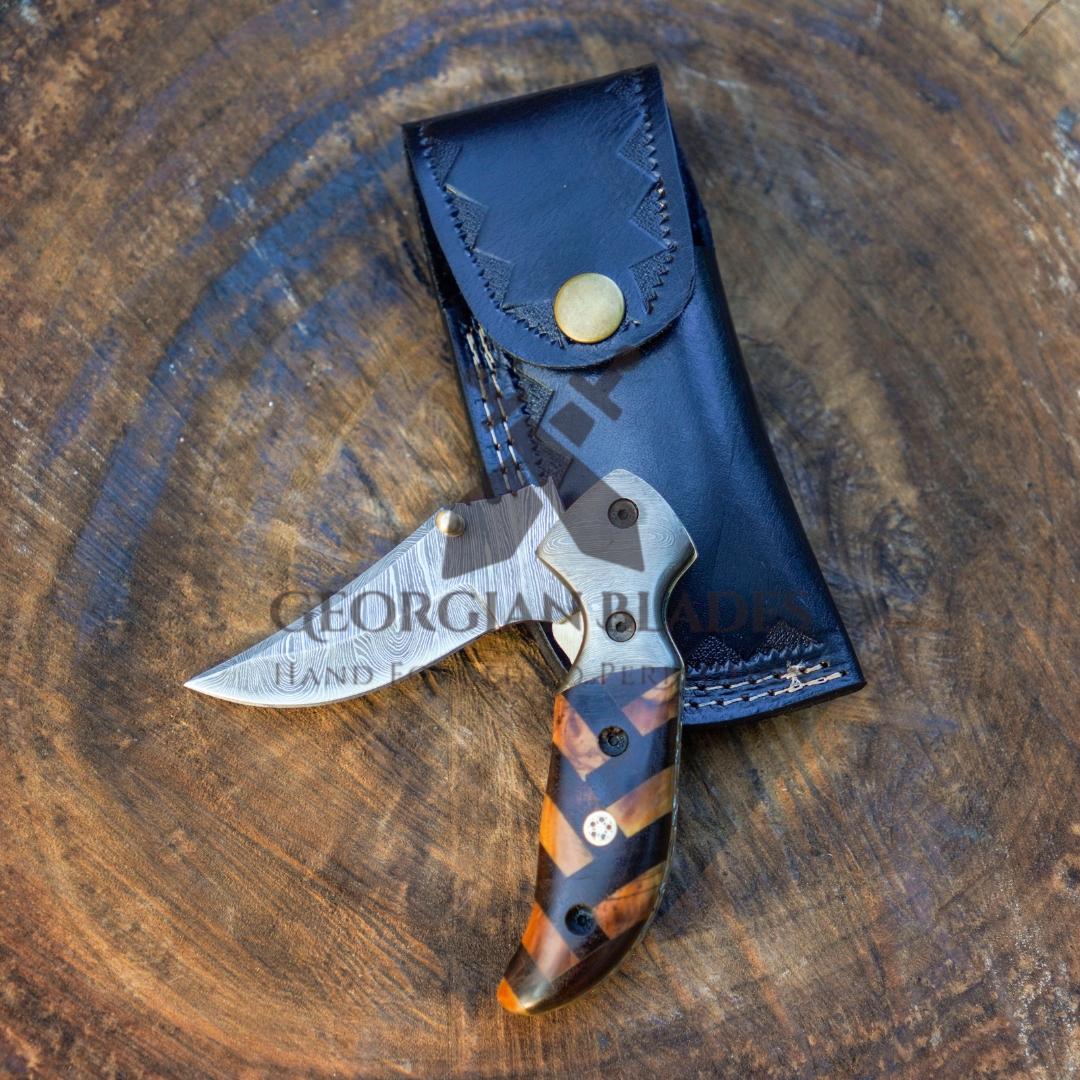 Kit Carson - 7 inches Custom Hand Forged Damascus Folding Knife Damascus Bolster With Olive & Dark Wood Handle