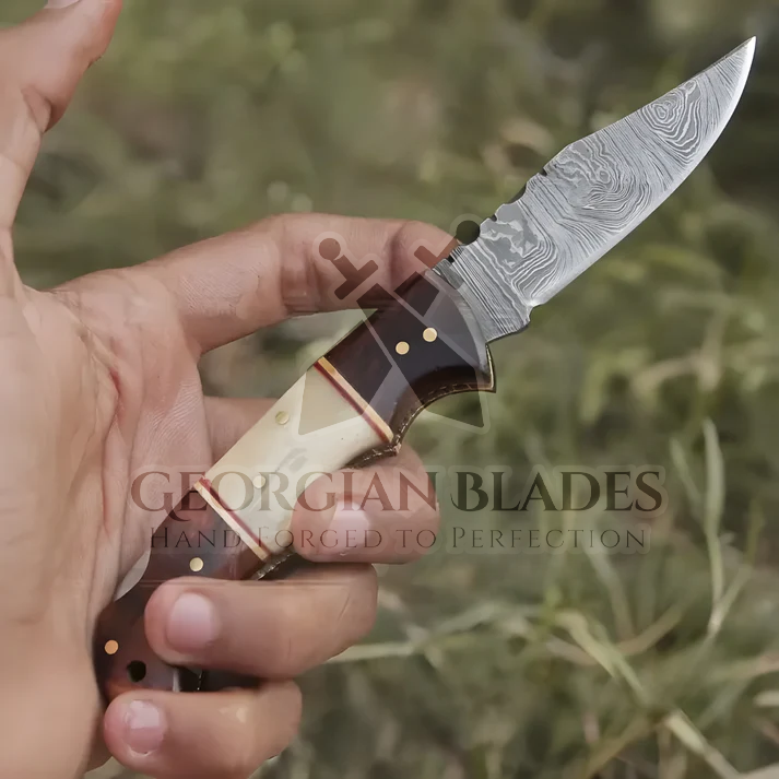 Horned Hunter: Custom Forged Damascus Steel Folding Knife Wood & Bone Handle