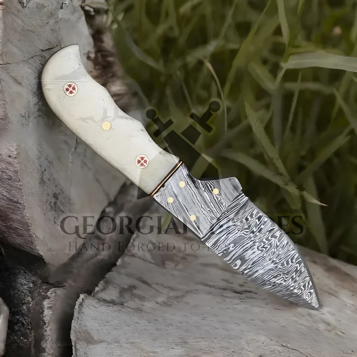 John Henry Slicer - 7.25” Hand Forged Damascus Steel Full Tang Skinner Knife - Camel Bone Handle