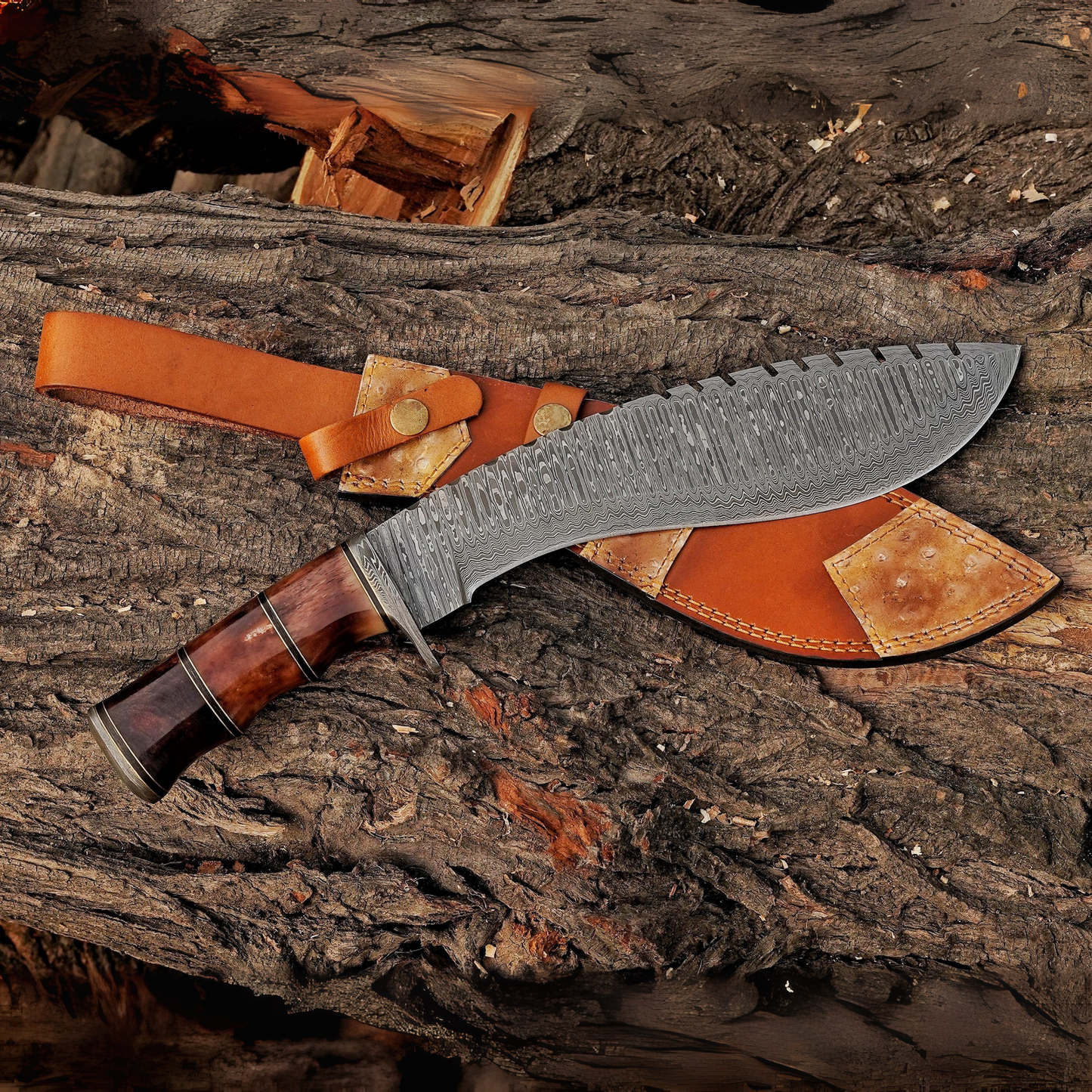 Emberwood Kukri – 15 inch Hand-Forged Damascus Masterpiece Kukri Knife with Leather Sheath