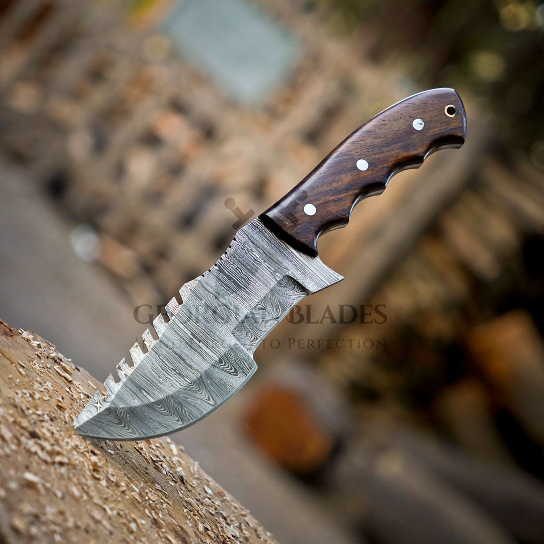 Mystic Mirage Tracker Knife - Hand Forged Damascus Steel Hunting Tracker Wood Handle