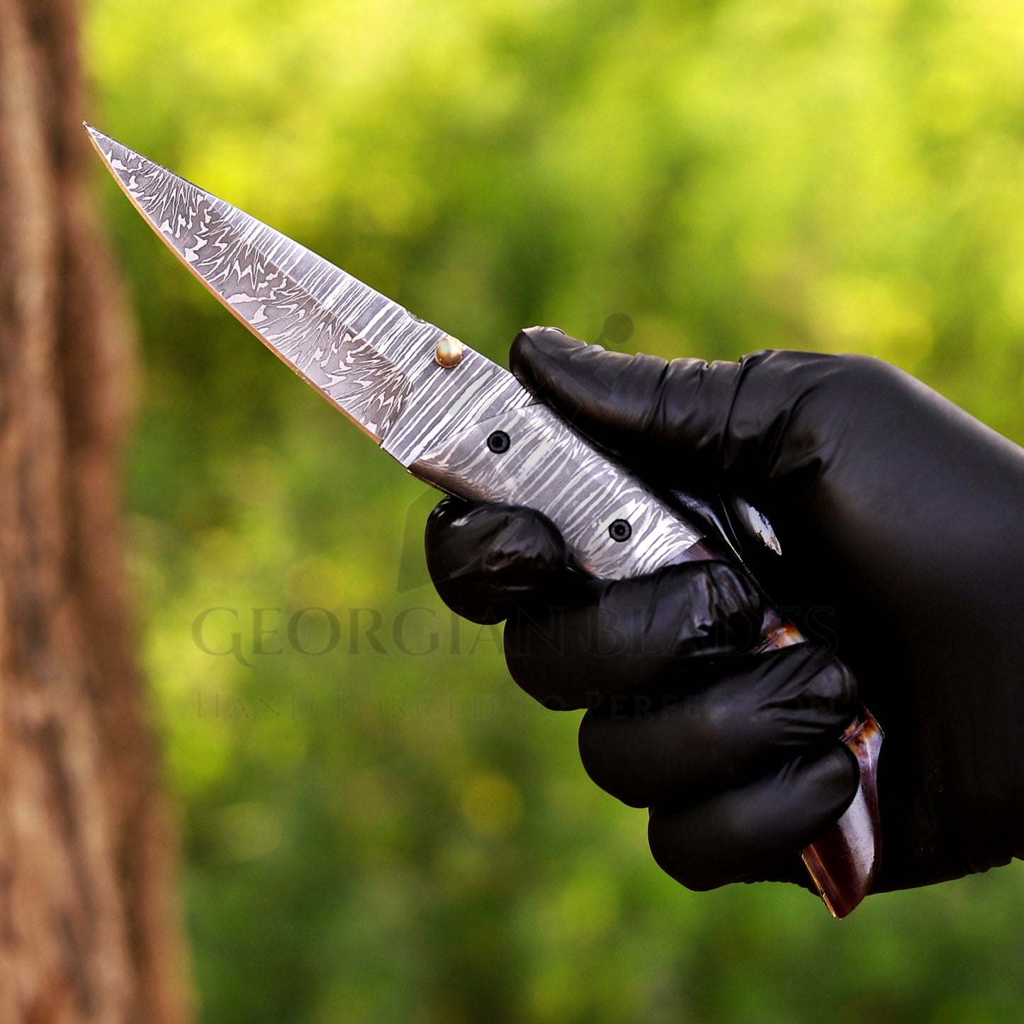 The Nimitz Folder – 7.5 inch Damascus Steel Liner Lock Pocket Knife with Bone Handle and Leather Sheath