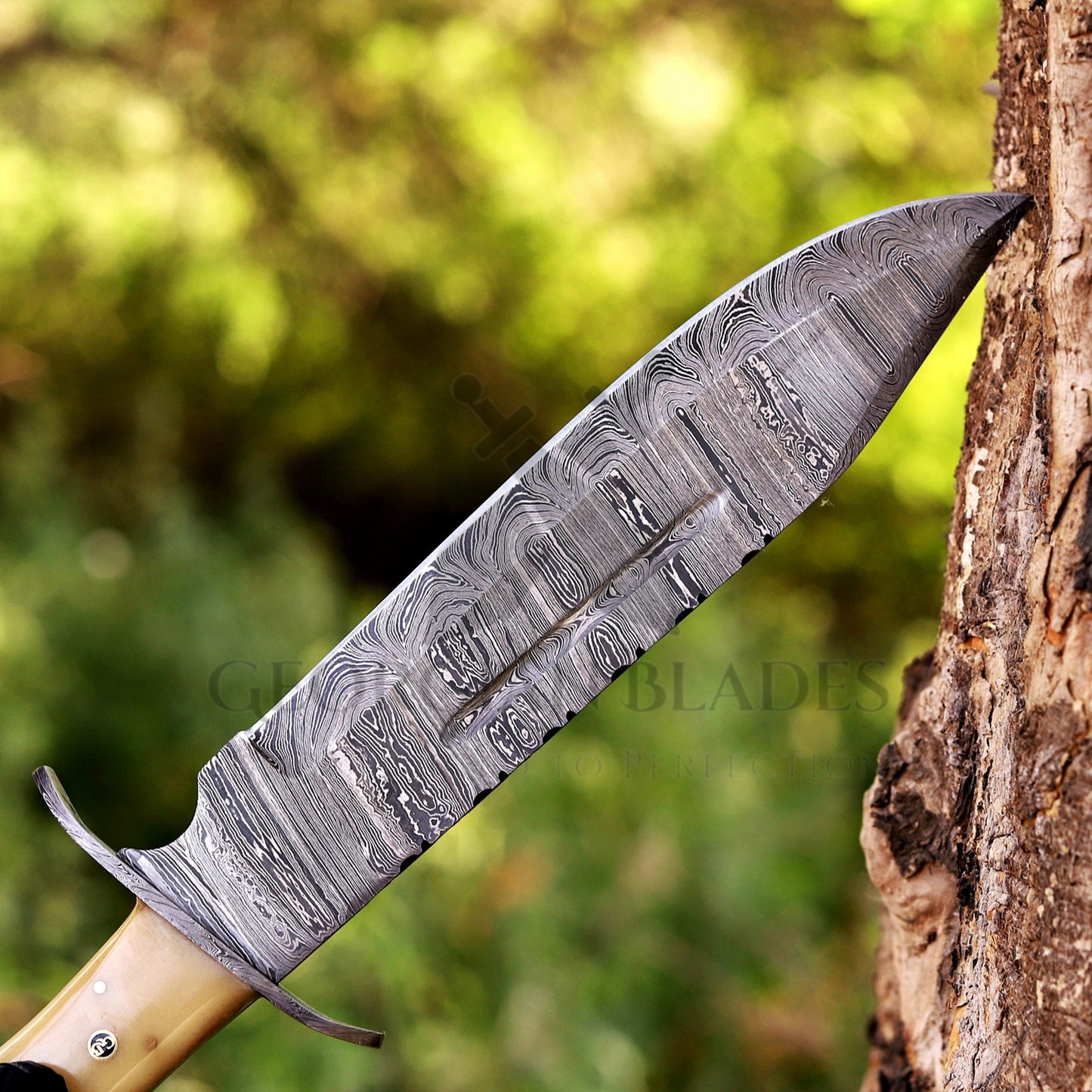 Paul Bunyan Razor - 15" Handmade Damascus Steel Bowie Knife- Full Tang - Camel Bone Handle
