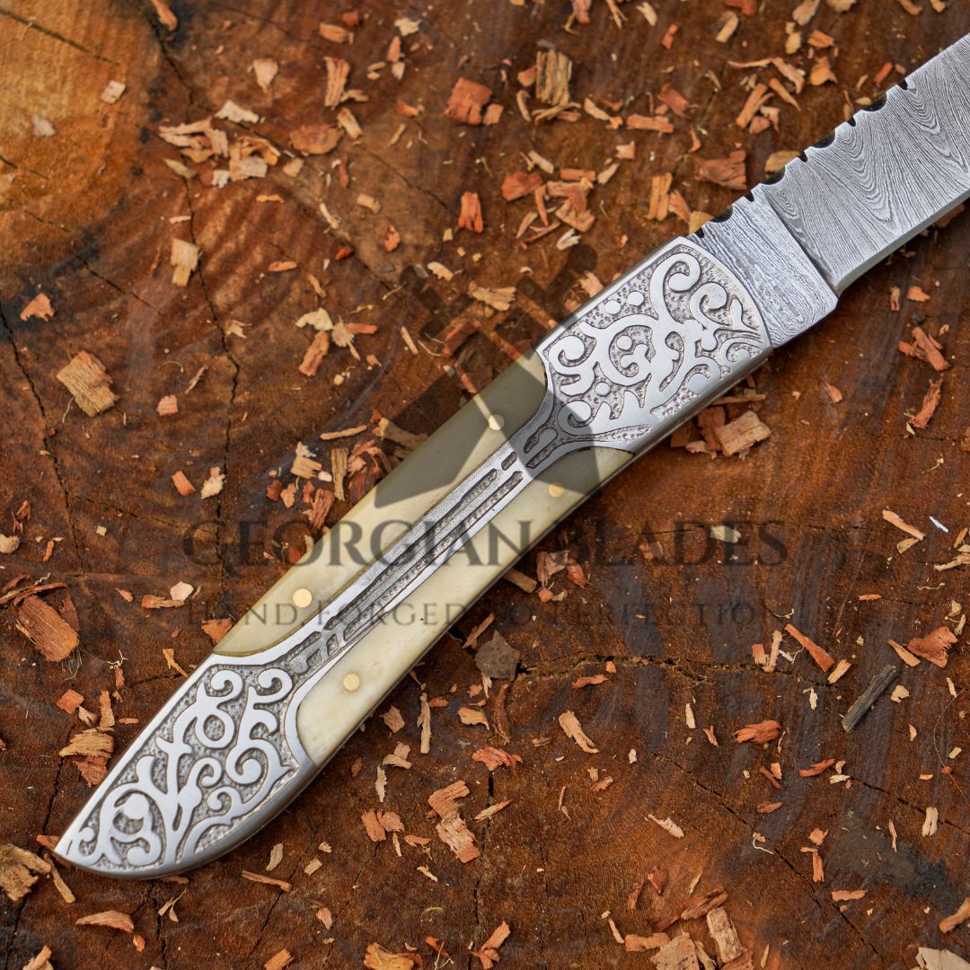 Ivory Edge: 8" Handmade Green Camel Bone Handle Folding Pocket Knife With Engraved Frame Work