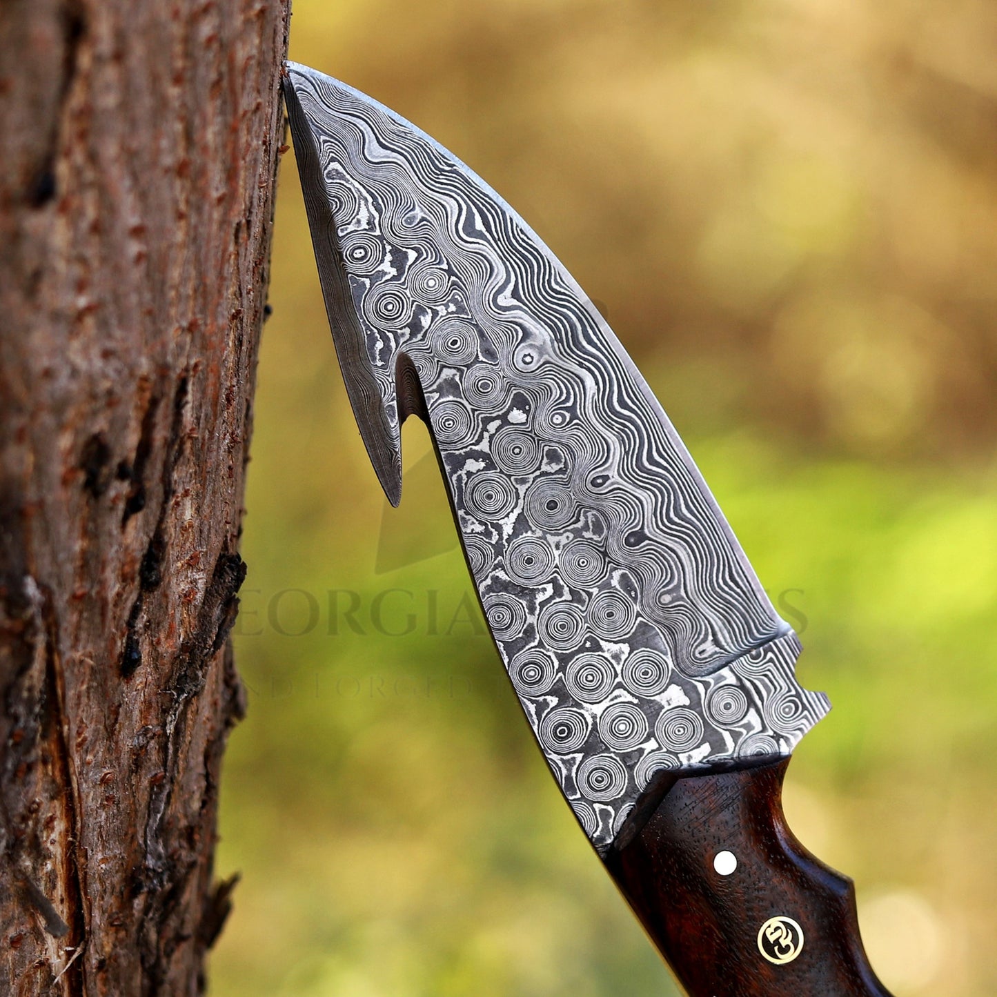 Trailblazer's Blade - 9" Hand Forged Damascus Steel Hunting Knife with Leather Sheath