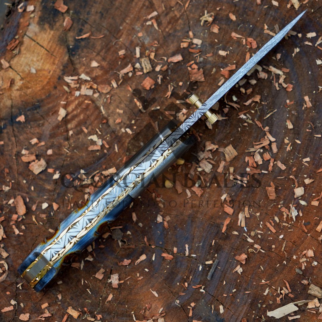 The Glenn Folder – 7.5 inch Damascus Steel Liner Lock Pocket Knife with Bone Handle and Leather Sheath