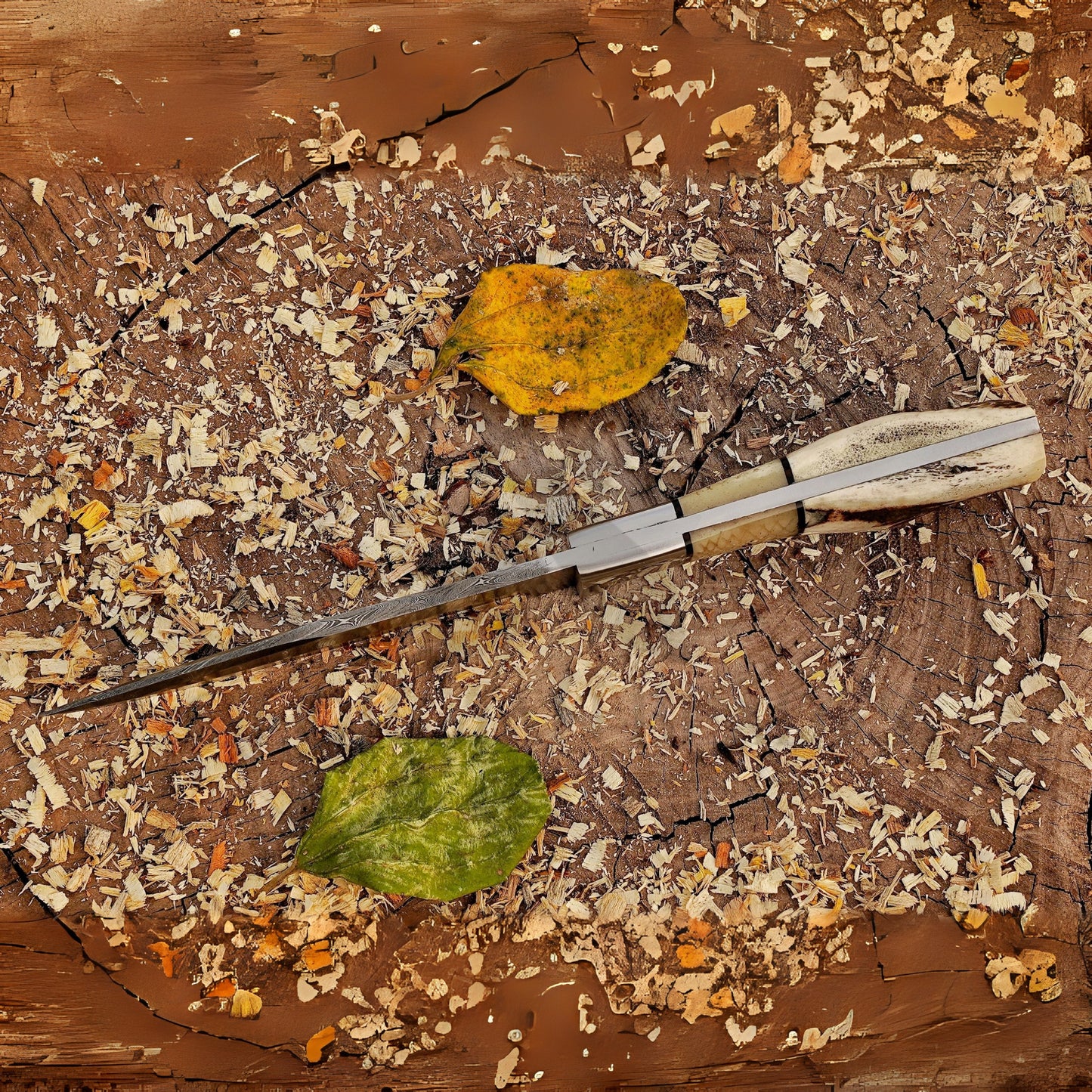Pecos Pete Slicer: Forged Damascus Steel Skinner Knife EDC 9” -V3 With Stag Antler & Engraved Camel Bone Handle