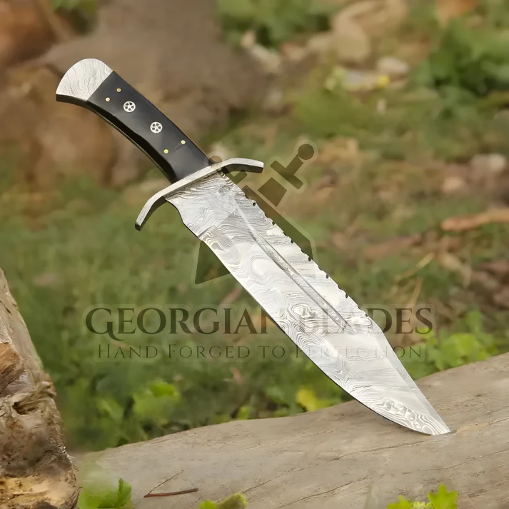 Frontier Finder: 15" Handmade Damascus Steel Bowie Knife- Buffalo Horn Handle