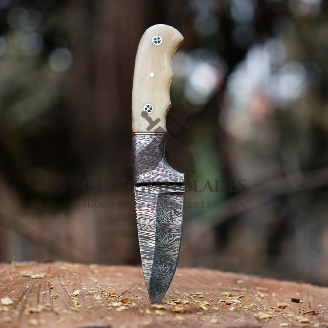 John Henry Slicer - 7.25” Hand Forged Damascus Steel Full Tang Skinner Knife - Camel Bone Handle