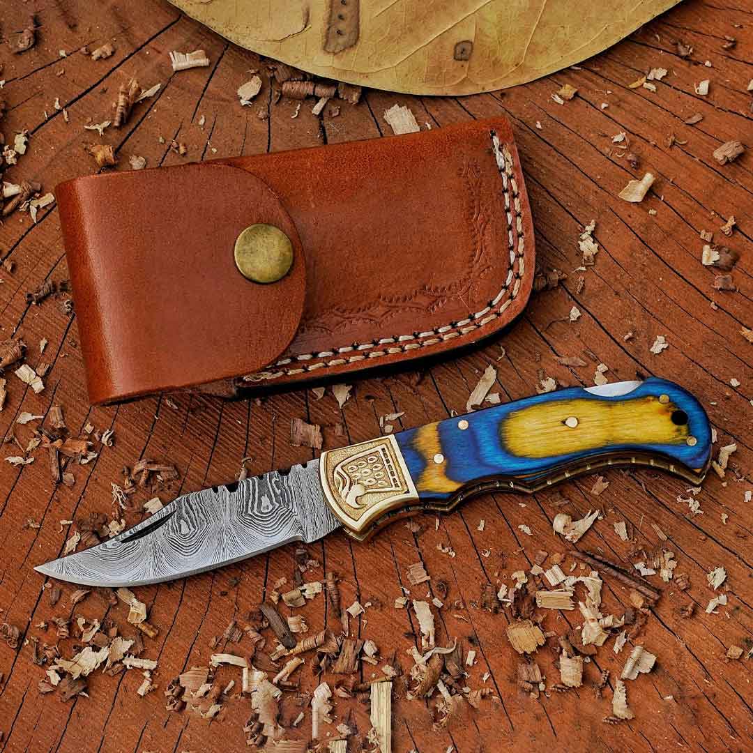 Signature Damascus Trio – Bundle of 3 Handmade Pocket Knives with Leather Sheaths