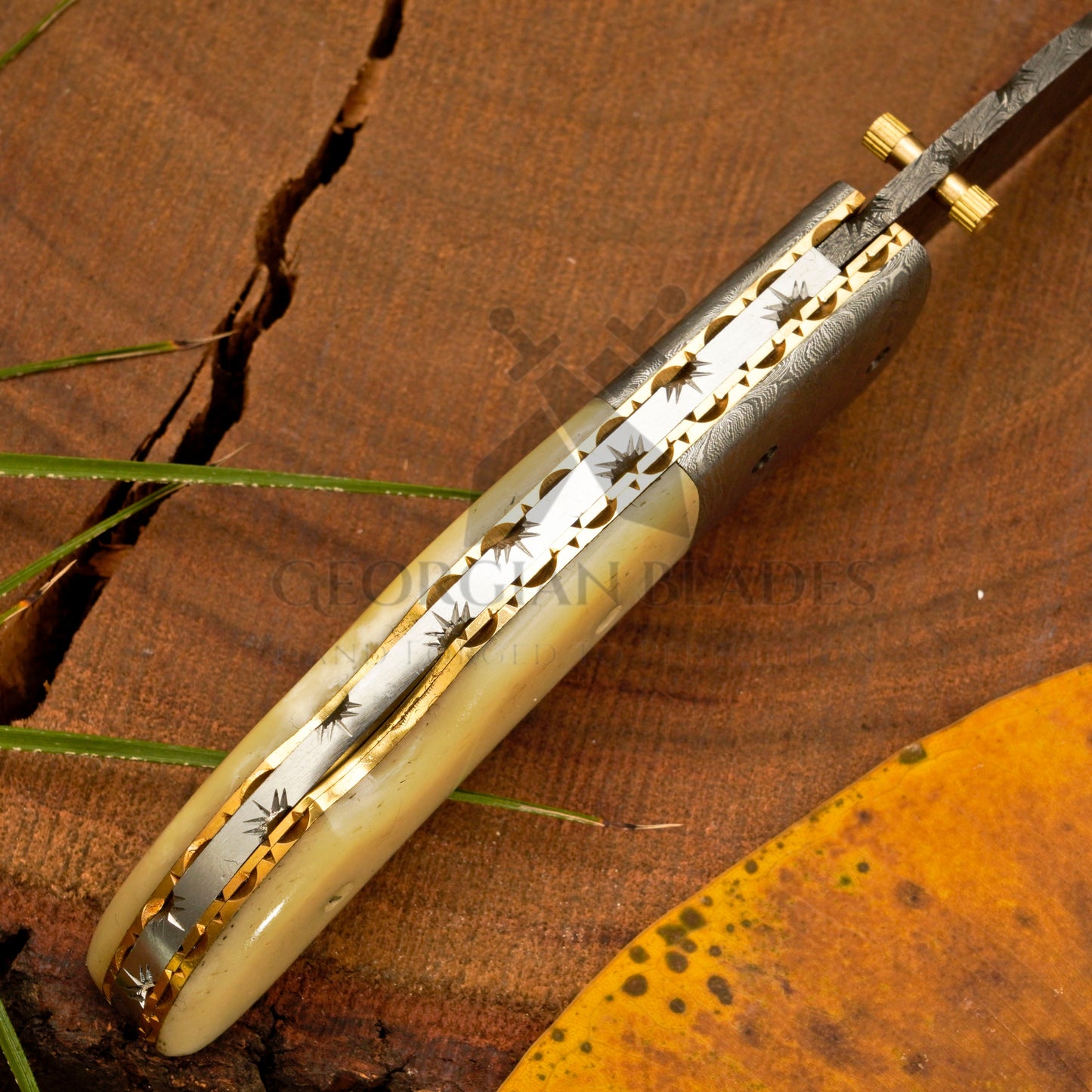 RadiantReach - 8" Hand Forged Damascus Steel Pocket Folding Knife with Leather Sheath