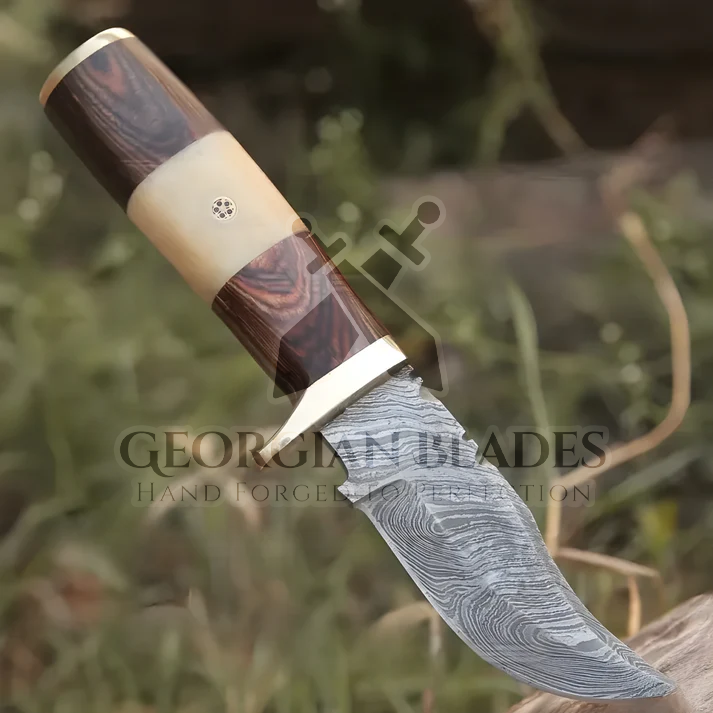 Mike Fink Skinner - CUSTOM HANDMADE FORGED DAMASCUS Steel Hunting Knife Wood & Camel Bone Handle