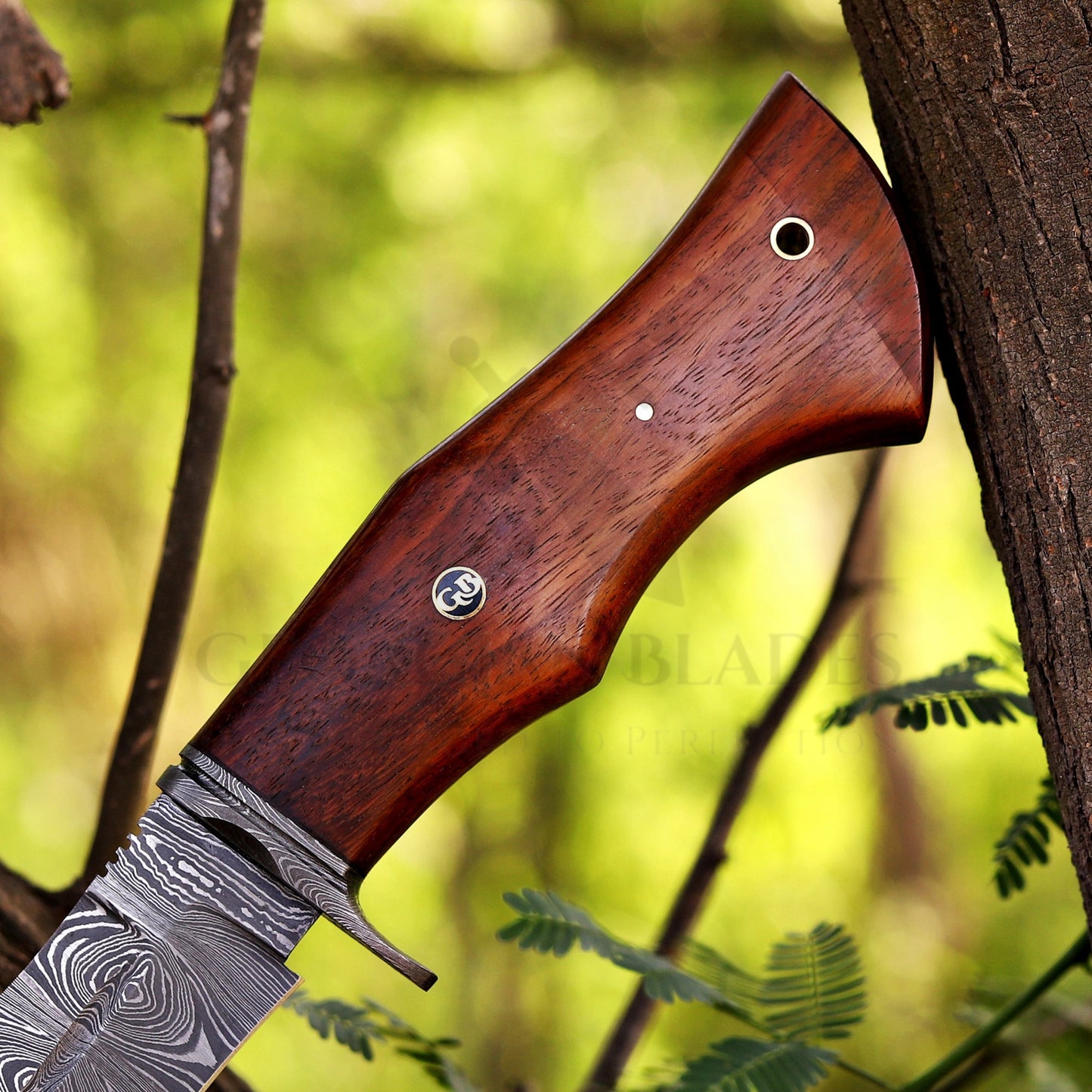 Woodman's Ally - 10.5" Hand Forged Damascus Hunting Knife with Leather Sheath