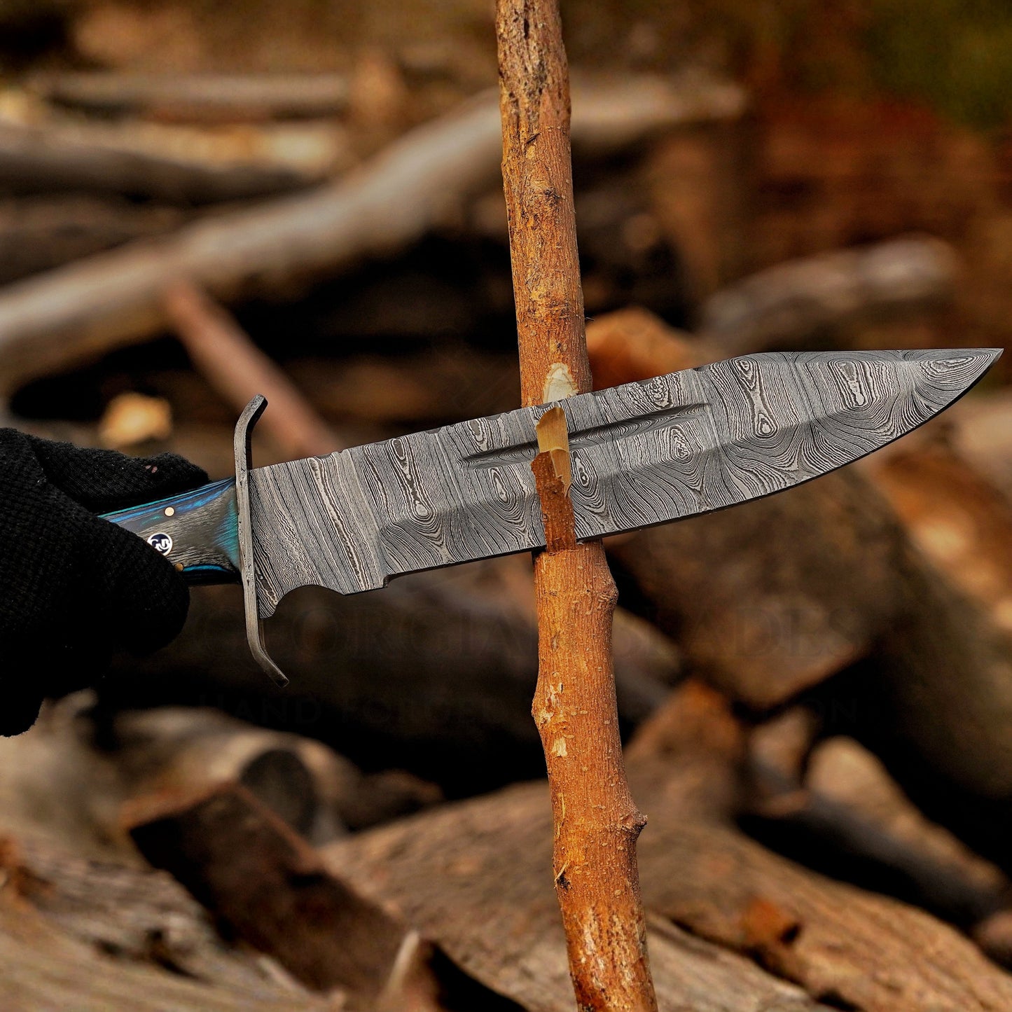 River Runner: 15" Handmade Damascus Steel Bowie Knife- Full Tang - Colored Wood Handle