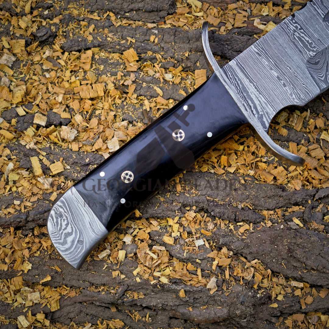 Frontier Finder: 15" Handmade Damascus Steel Bowie Knife- Buffalo Horn Handle