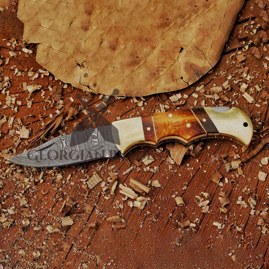 The John Paul Jones Damascus Folding Knife 8-inch Bone Handle Knife with Leather Sheath