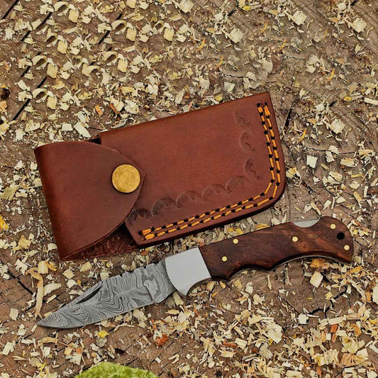 The George Washington Folding Knife - 6.5'' Back Lock Damascus Steel Knife with Rose Handle and Leather Sheath