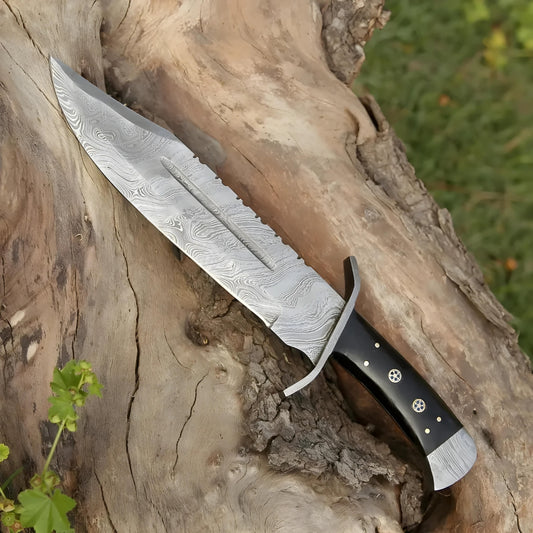 Frontier Finder: 15" Handmade Damascus Steel Bowie Knife- Buffalo Horn Handle