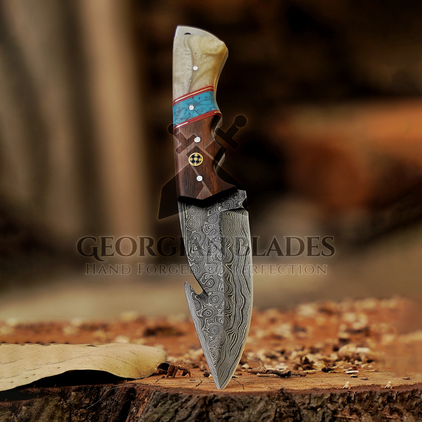 Trailblazer's Blade - 9" Hand Forged Damascus Steel Hunting Knife with Leather Sheath