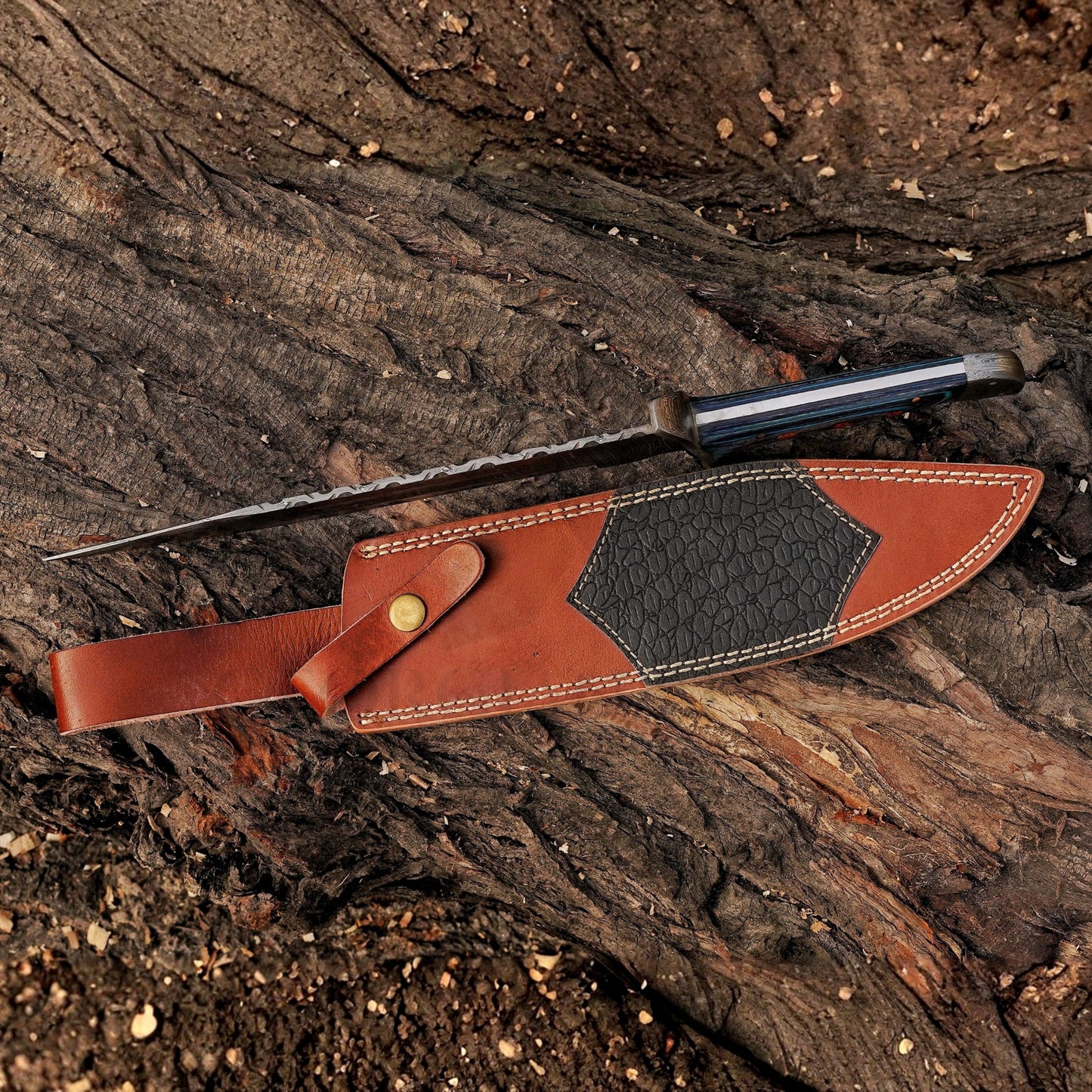 River Runner: 15" Handmade Damascus Steel Bowie Knife- Full Tang - Colored Wood Handle