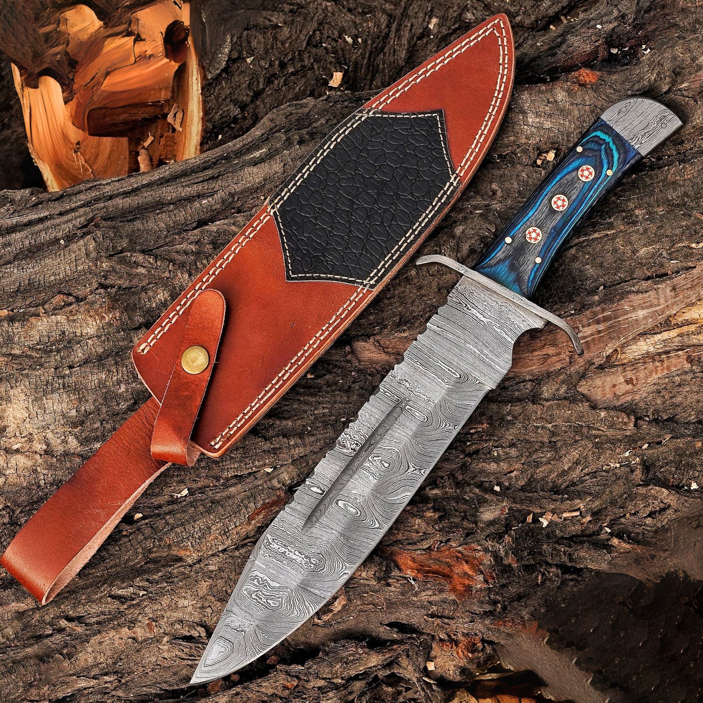 River Runner: 15" Handmade Damascus Steel Bowie Knife- Full Tang - Colored Wood Handle