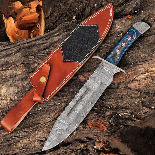 River Runner: 15" Handmade Damascus Steel Bowie Knife- Full Tang - Colored Wood Handle