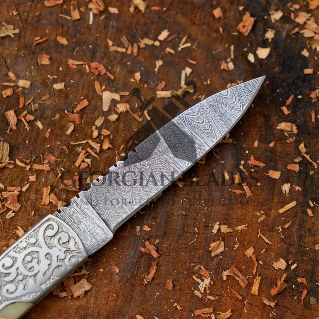 Ivory Edge: 8" Handmade Green Camel Bone Handle Folding Pocket Knife With Engraved Frame Work